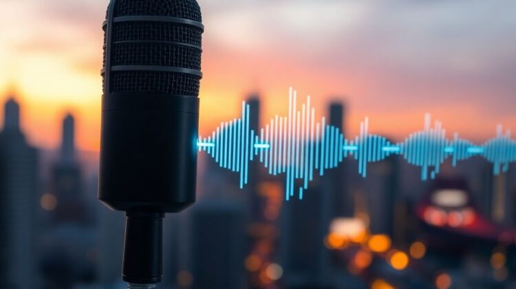 Microphone with digital sound waves on a city background.