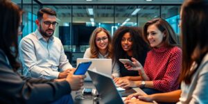 Group of tech advisors discussing AI in a modern office.