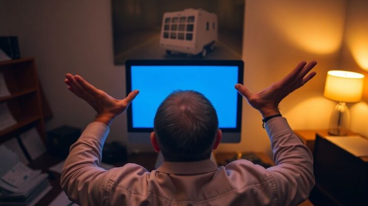 Frustrated user looking at a blank computer screen.