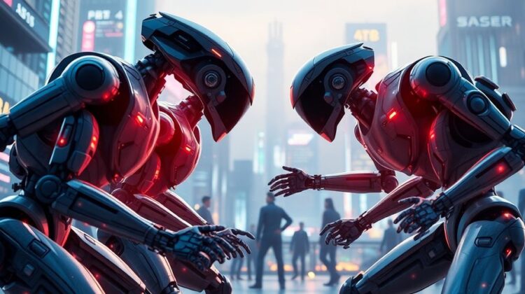 Futuristic AI agents in a strategic showdown in urban setting.